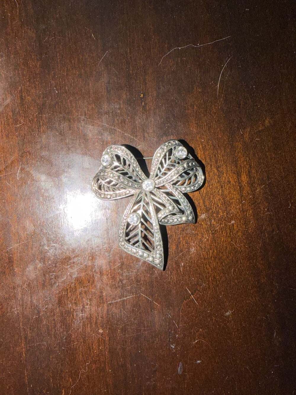 Vintage Silver Tone Marcasite and Rhinestone Filigree Bow Brooch